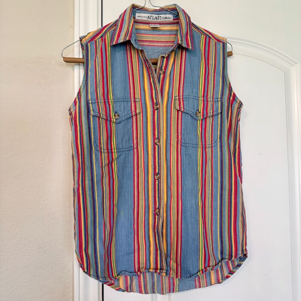 Vtg 90's/Y2K At Last Woman's Sleeveless Denim Shirt Striped Medium Button Front